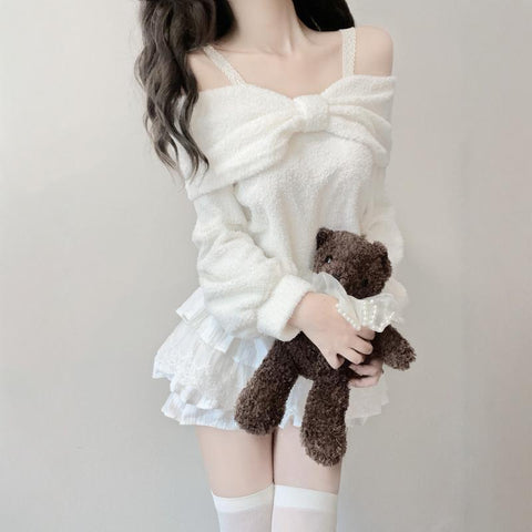 Loose Japanese Sweet Bowknot One Shoulder Sweater