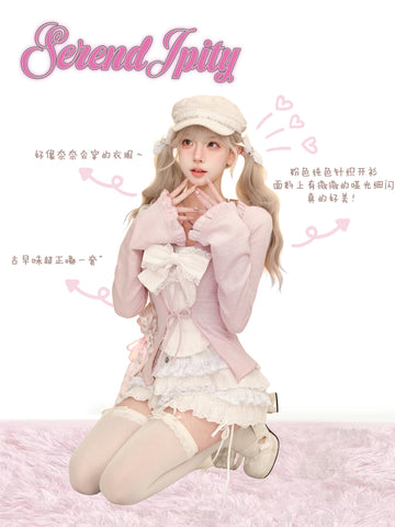 Sakura Girl Autumn New Style Suit Suspenders + White Cake Skirt + Pink Slim Cardigan