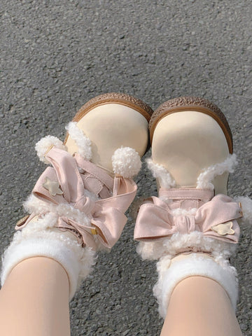 Plush Cotton Shoes Cute Flat Round Toe Bowknot