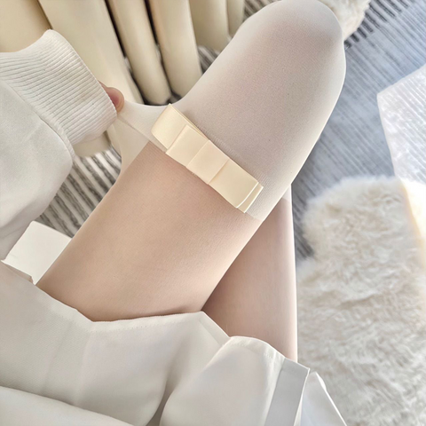 Japanese Milk White Velvet Splicing Fake High Tube Bowknot Calf Socks Random Cut Pantyhose - Jam Garden