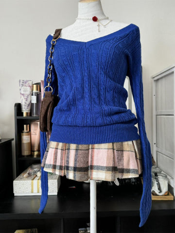 Original Klein Blue V-neck Cable Knit Sweater