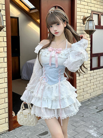 Sweet and pure princess style bow cake skirt suit