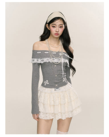 One-shoulder lace sweet spicy T-shirt