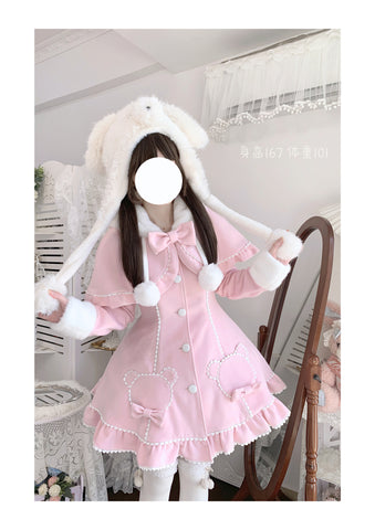 Original petite woolen dress with fur collar for autumn and winter