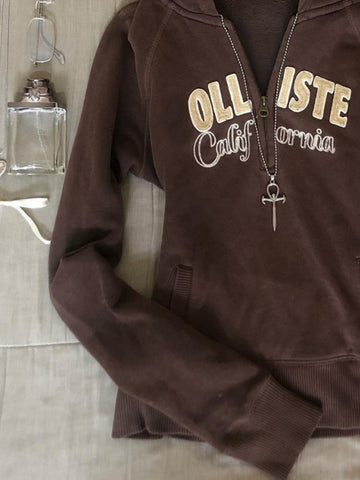 Original coffee color letter plus velvet hooded sweatshirt