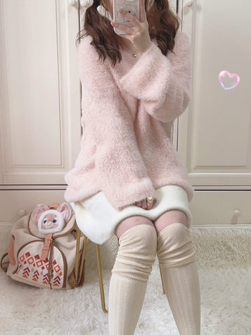 Pink Faux Mink Sweater Soft Japanese Style Pure Desire Top