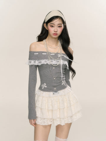 One-shoulder lace sweet spicy T-shirt