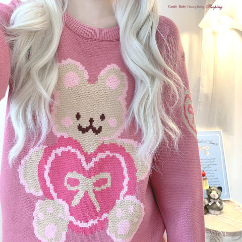 Cute Bear Heart Round Neck Long Sleeve Sweater