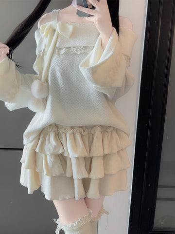 Original one-shoulder plush sweater bowknot suit