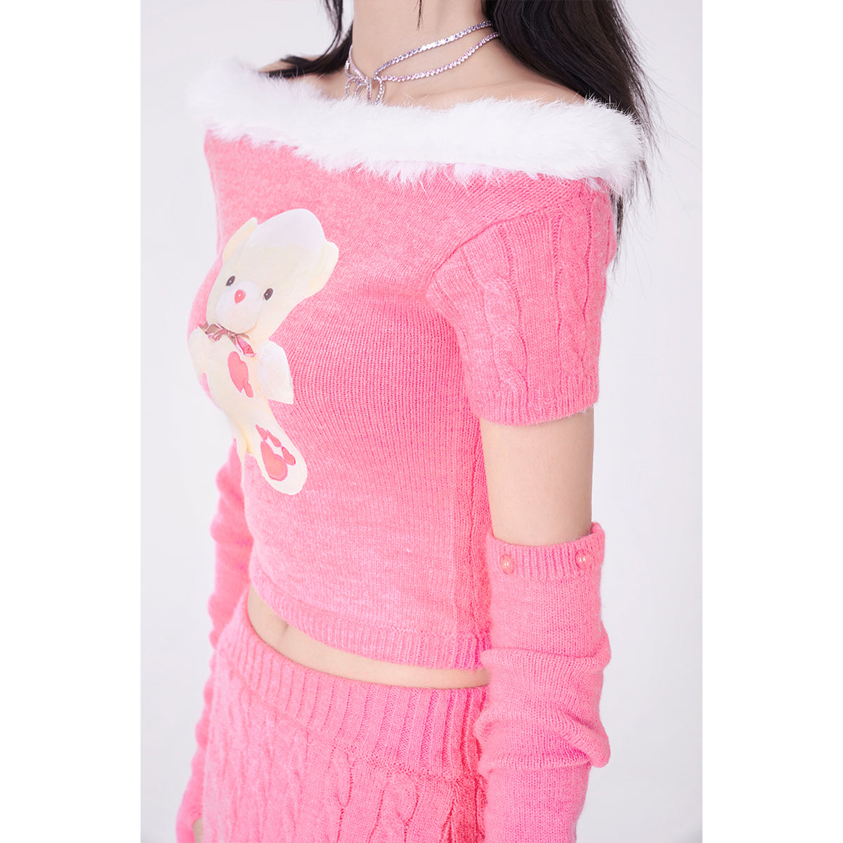 Original Autumn and Winter Girl Teddy Bear Print Fur Collar Pink Slim Knit Bag Hip Skirt Set - Jam Garden