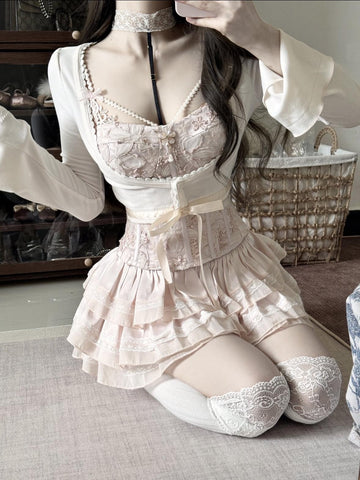 Fishbone bra suspenders pink lace cake skirt early autumn suit