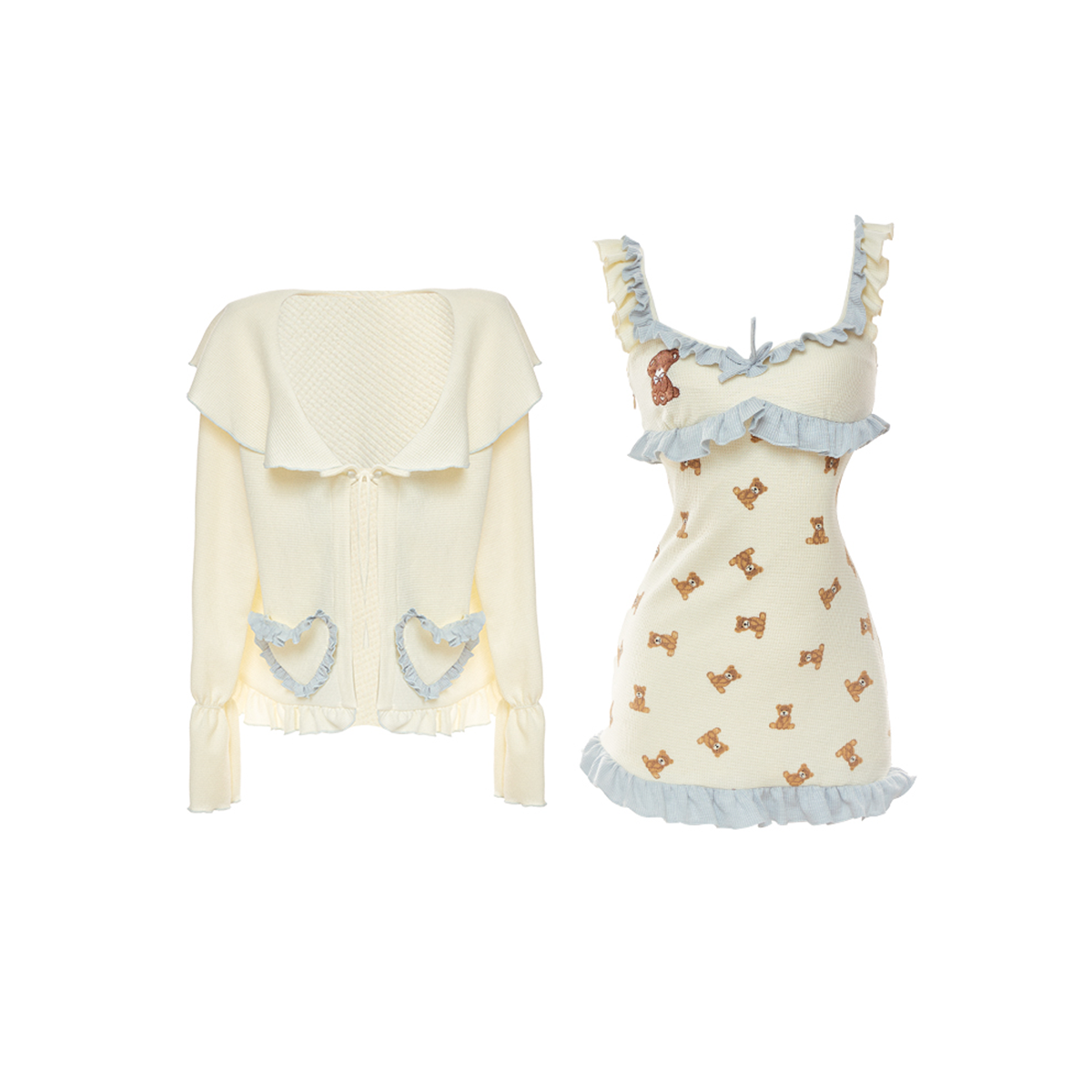 Early Autumn New Beige Bear Print Suspender Dress Pajamas Set - Jam Garden