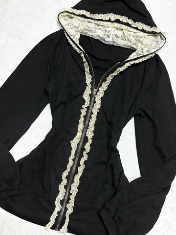 Original black lace splicing sweatshirt jacket for women autumn and winter