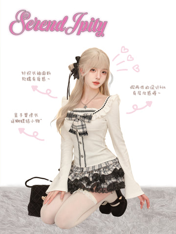 Serendipity Thousand Island Jasmine Autumn Bowknot Long Sleeve Bottoming Shirt Set