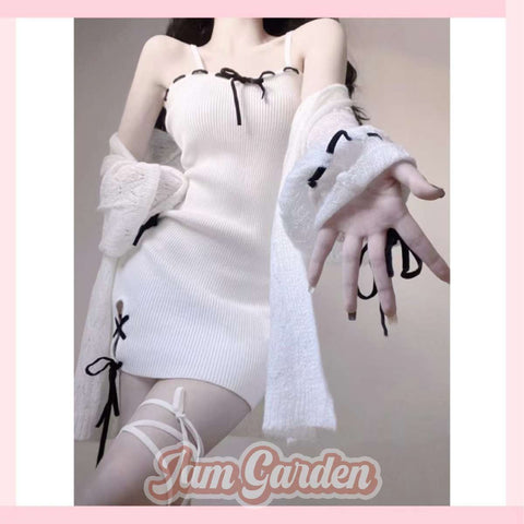 Hollow Out Mohair Knitted Cardigan Coat Women'S Tie-Up Pure Desire Suspender Skirt Suit - Jam Garden