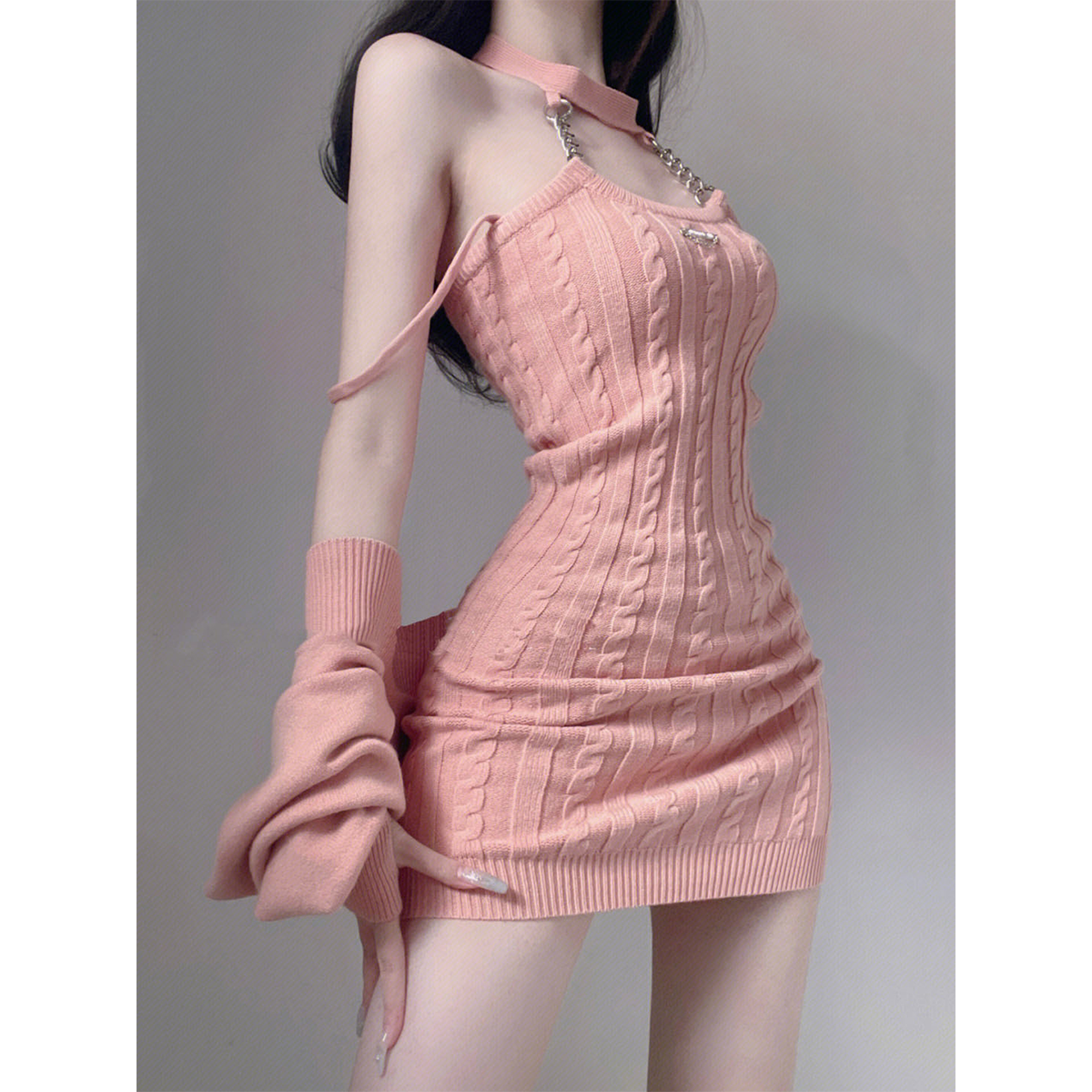 French Sexy Babes Pure Desire Hanging Neck Sling Knitted Dress Autumn Small Sweater Bag Hip Skirt - Jam Garden