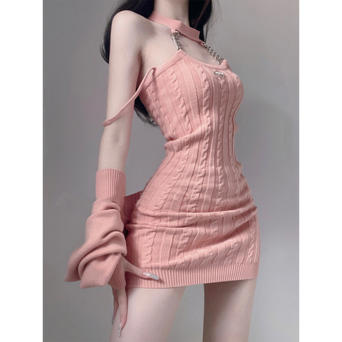 French Sexy Babes Pure Desire Hanging Neck Sling Knitted Dress Autumn Small Sweater Bag Hip Skirt - Jam Garden
