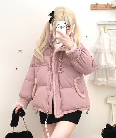 Girly Korean style pink cute plush cotton coat