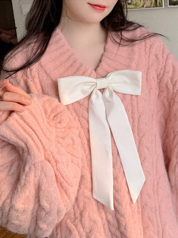 Women's autumn and winter pink v-neck bow sweater