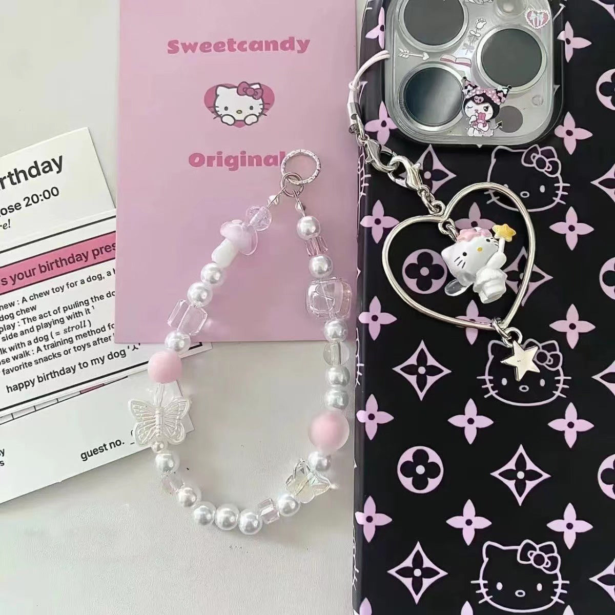 Cute Love Kitty Beaded Mobile Phone Chain Machine Decoration Hanging Chain Backpack Lanyard - Jam Garden