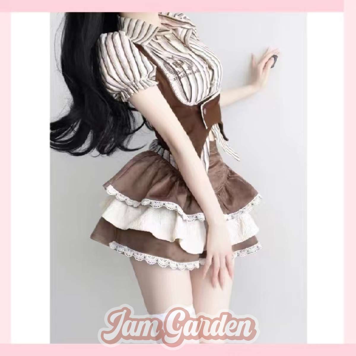 Bubble Striped Shirt Brown Vest Skirt (3-pieces set) - Jam Garden