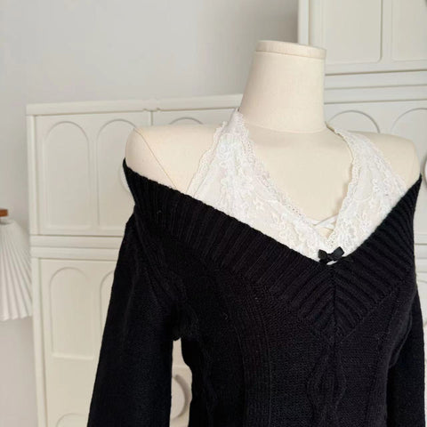 Women's autumn black waist v-neck sweater