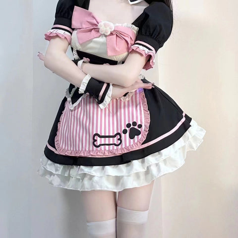 [Kitty Maid] Lolita Button Apron Cat Paw Bow Tie Printed Maid Set