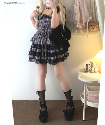 sleepingdoll Plaid Dark Abyssin Lace Suspender Skirt Set