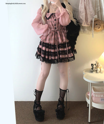 sleepingdoll Plaid Dark Abyssin Lace Suspender Skirt Set