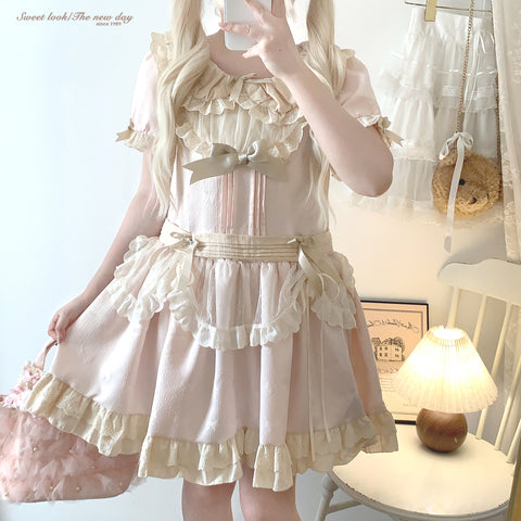 Cheese Bow Low Waist Jacquard Pointed Tulle Apron Dress