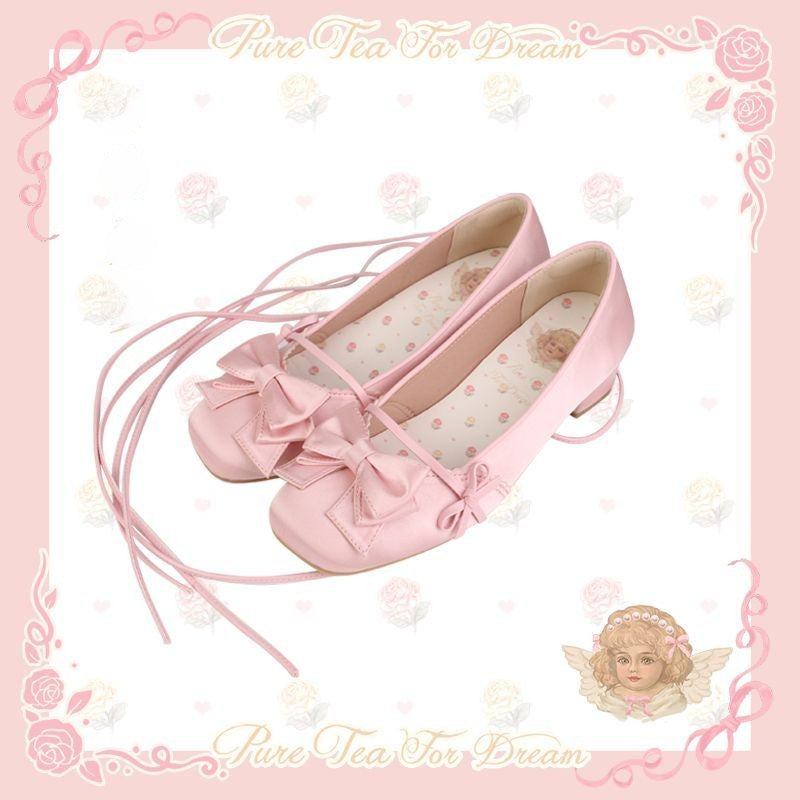 Elegant Baileys Satin Original Lolita Shoes Mid Heel Bowknot Square Toe - Jam Garden