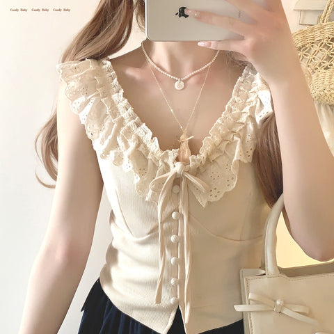 Sleepingdoll Ruffle Lace Vintage Single Breasted Ribbed Lace Top