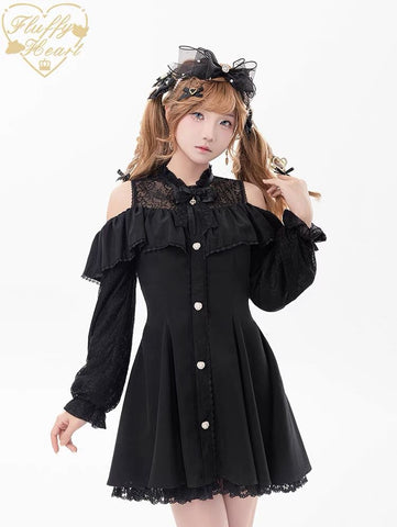 Off-shoulder lace dress Japanese girlish style