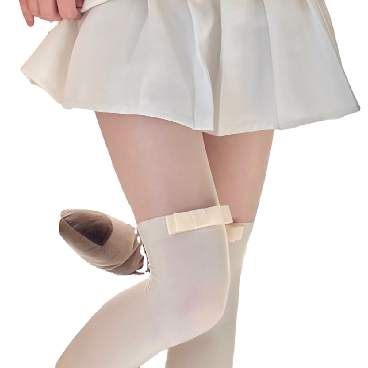 Japanese Milk White Velvet Splicing Fake High Tube Bowknot Calf Socks Random Cut Pantyhose - Jam Garden
