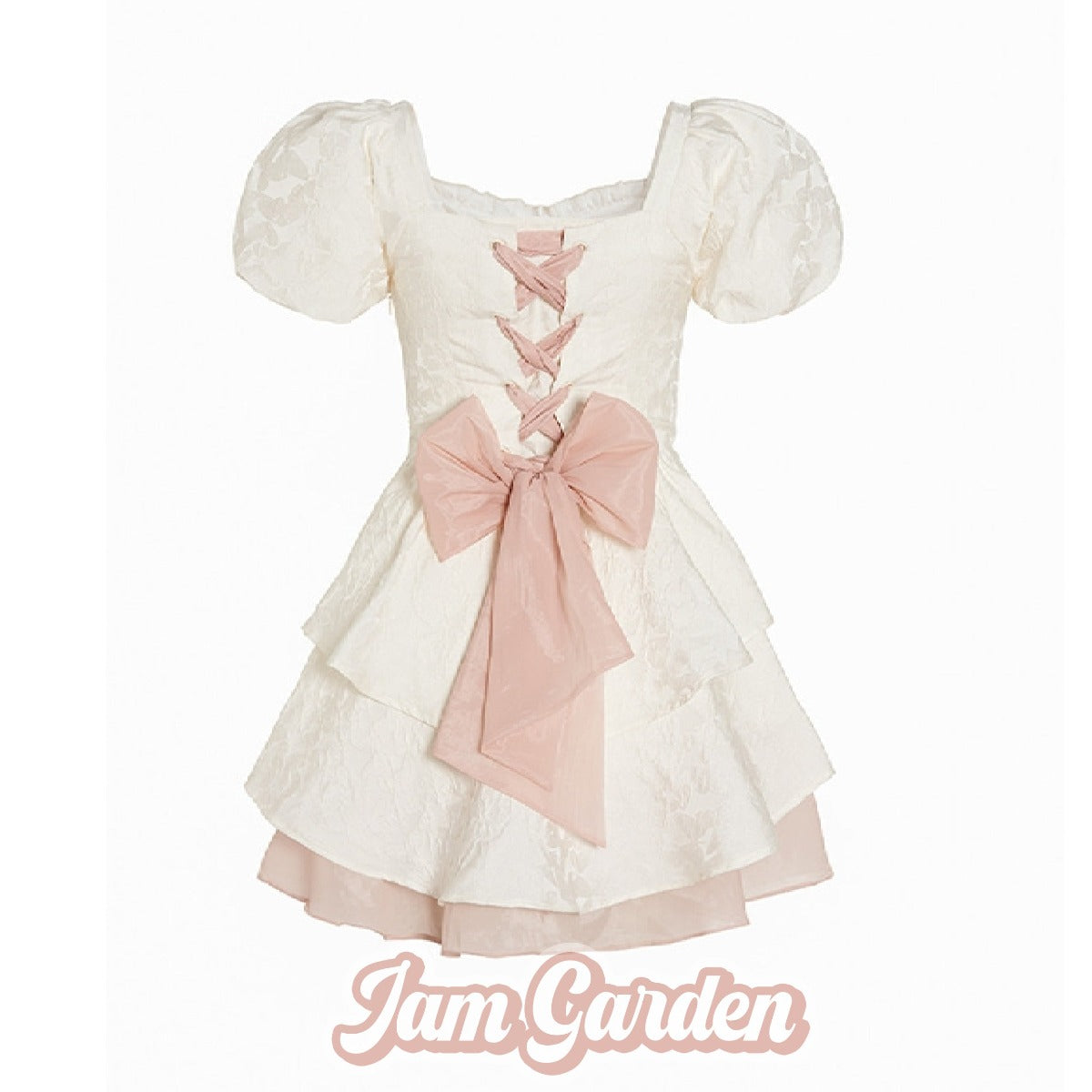 White Square Neck Floral Dress Bow Knot Princess Puff Dress - Jam Garden