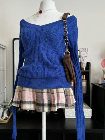 Original Klein Blue V-neck Cable Knit Sweater