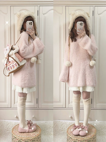 Pink Faux Mink Sweater Soft Japanese Style Pure Desire Top