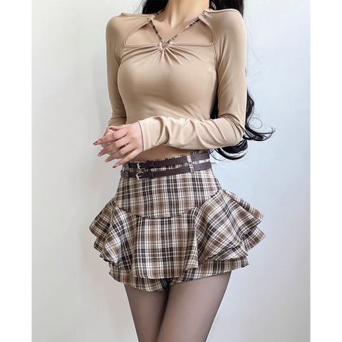 Hot Girl Coffee Color Careful Machine Top Plaid Irregular Skirt Slimming Slim Pure Lust Girl Suit - Jam Garden