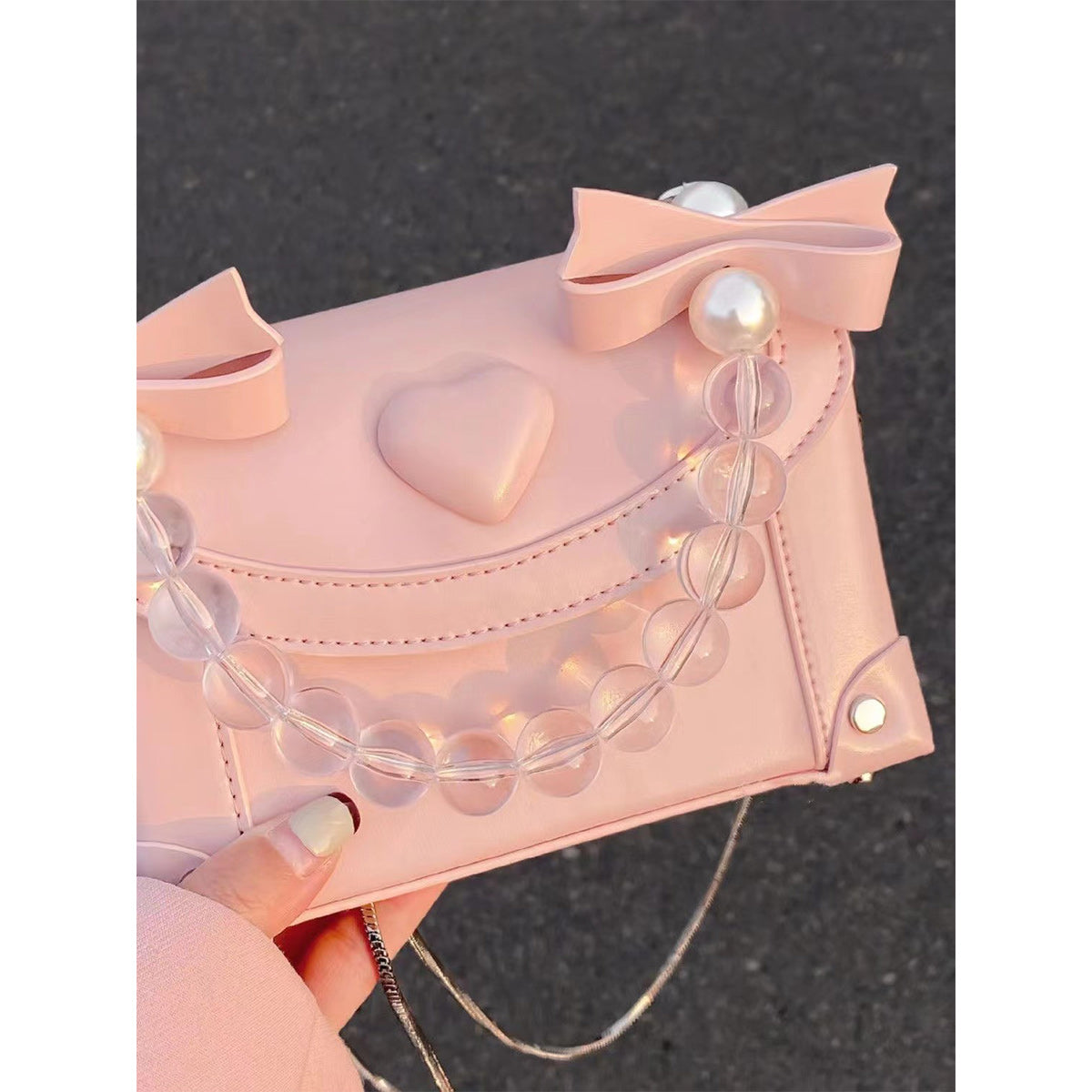 Minority Sweet Summer Versatile Pink Heart Crystal Box Bag Pearl Chain Portable Messenger Bag - Jam Garden