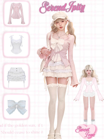 Sakura Girl Autumn New Style Suit Suspenders + White Cake Skirt + Pink Slim Cardigan