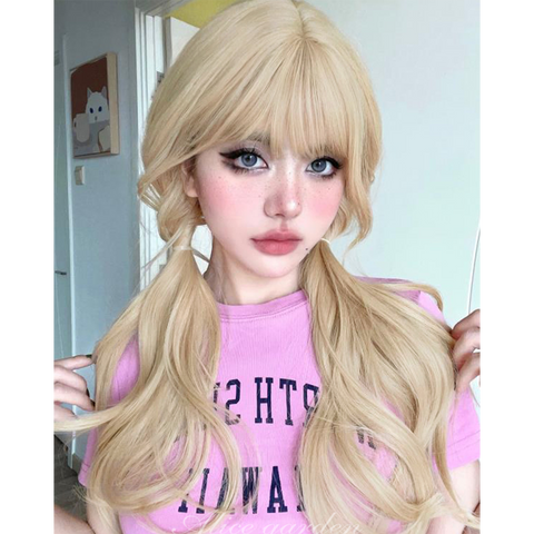 Wig Long Curly Hair Golden Bangs Jk Realistic Scalp Lolita Natural Face Repair Full Headgear - Jam Garden