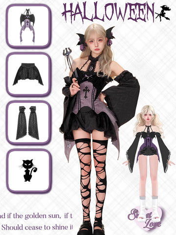 Pumpkin Pants + Bat Trumpet Sleeves + Purple Bat Corset