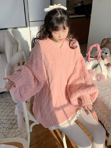 Women's autumn and winter pink v-neck bow sweater