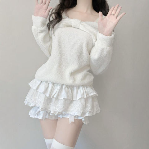 Loose Japanese Sweet Bowknot One Shoulder Sweater