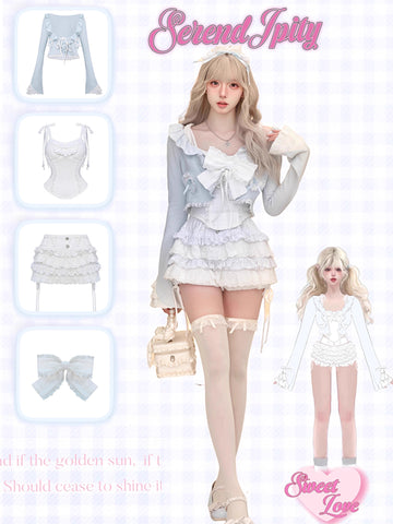 Serendipity Watercolor Bubble Autumn Milk Blue Knitted Cardigan + Bowknot Suspenders + White Cake Skirt