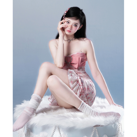 Pink Sling Dress Bowknot Rose Floral Skirt Sleeveless Pure Desire Skirt Summer - Jam Garden