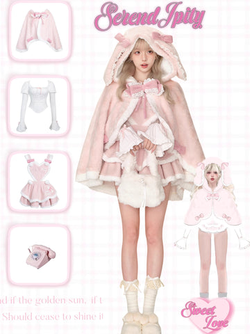 Strawberry curly suspender cake skirt + white sweater + plush rabbit ear cape