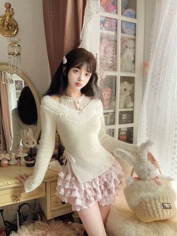 Bobon21 Winter Sweet Fluffy Knitted Lace Slit Sweater