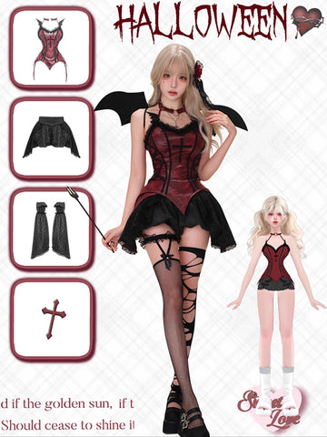 Vampire Night Bra + Bat Trumpet Sleeves + Bat Pumpkin Pants + Black Velvet Long Skirt