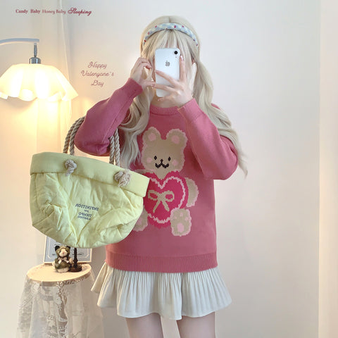 Cute Bear Heart Round Neck Long Sleeve Sweater